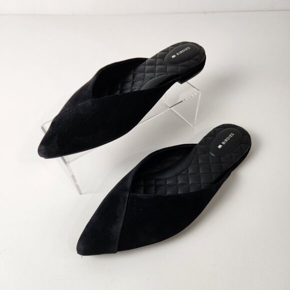 Birdies Shoes - Birdies Shoes Womens 9.5 Black Swan Suede Mules Quilted Flats Leather Slip On